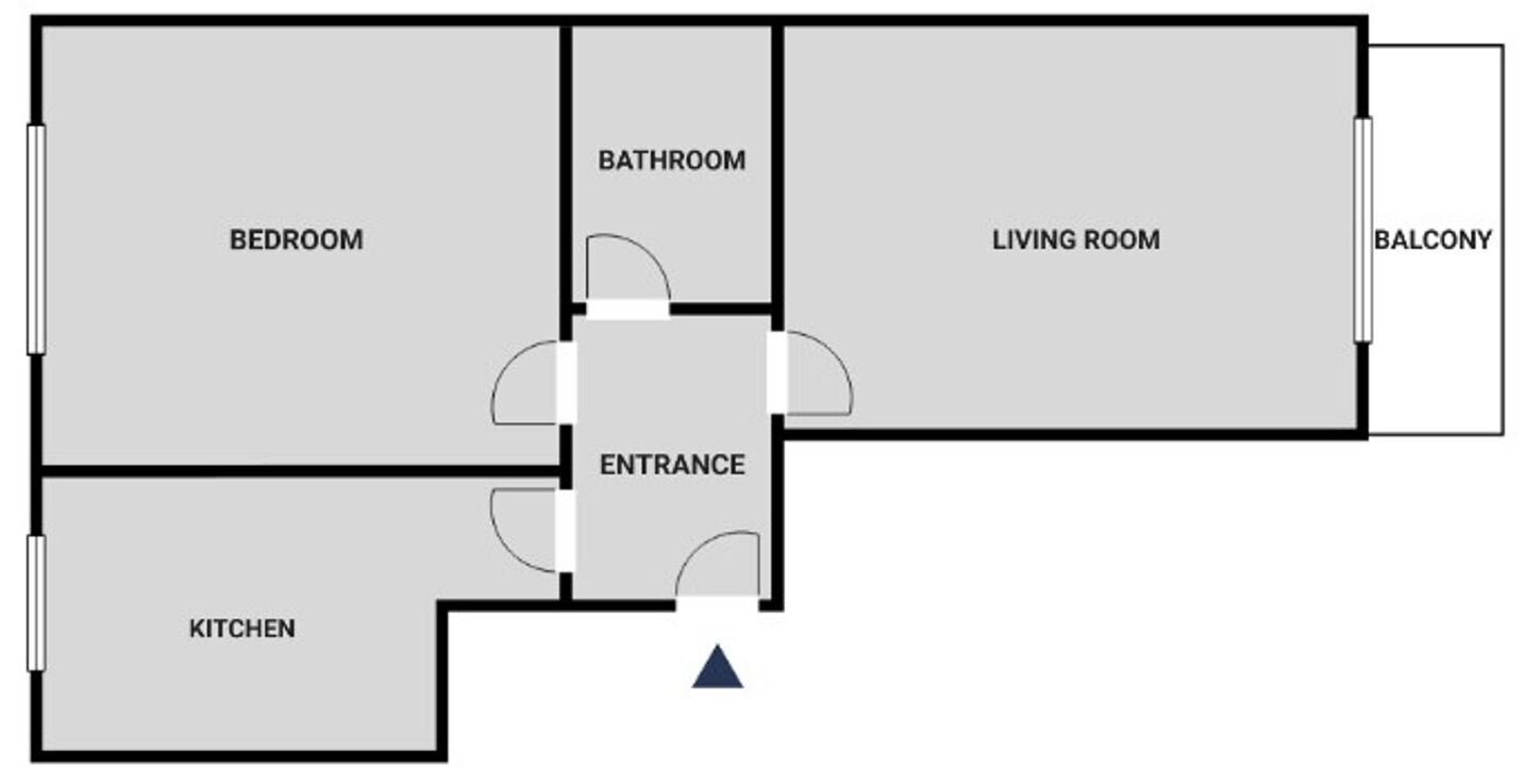 A floor plan with a bedroom, living room, balcony, bathroom, kitchen, and entrance.