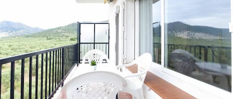 A balcony with a table and chairs, a potted plant, and a view of a mountainous landscape.