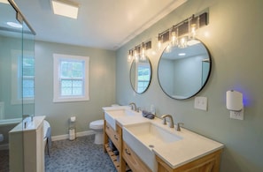 Shower, hair dryer, towels
