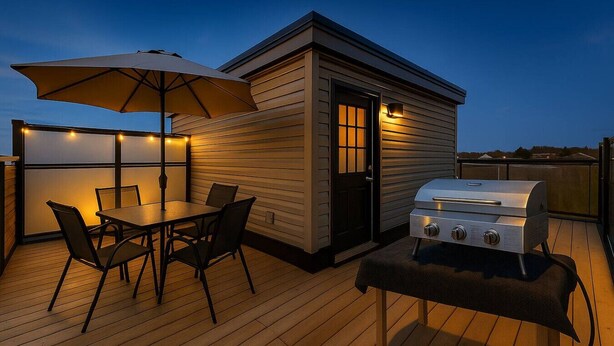 A deck with a table and chairs, a grill, and an umbrella. - Stylish Niagara Falls Getaway with Rooftop City Views (Niagara Falls)