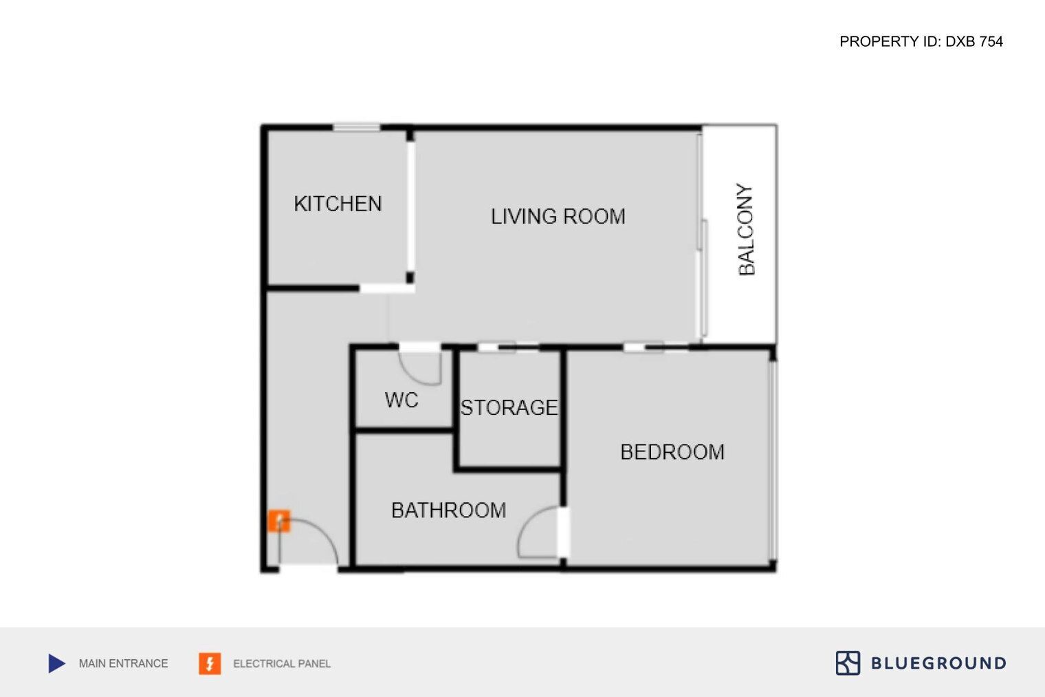 Grundriss eines Hauses mit Eingangsbereich, Küche, Wohnzimmer, Balkon, Abstellraum, Schlafzimmer, Badezimmer und WC.