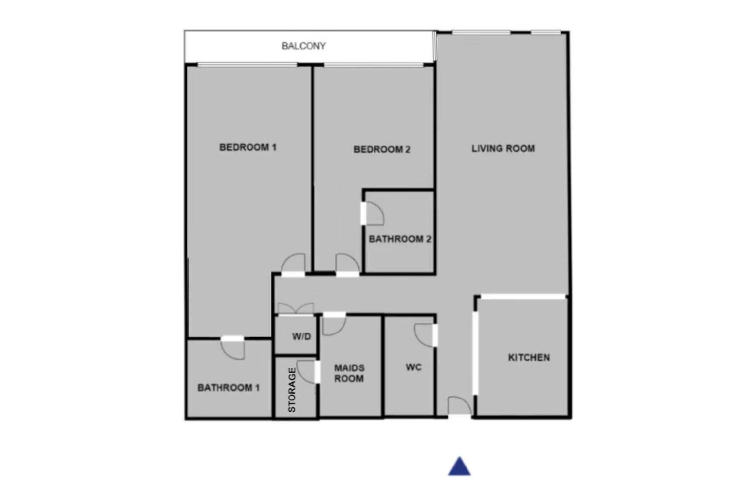 A floor plan with a balcony, two bedrooms, a living room, two bathrooms, a maid's room, a WC, a storage area, and a kitchen.