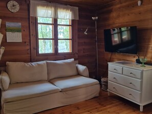 Smart-tv, een open haard en boeken