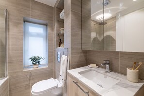 Shower, hair dryer, towels