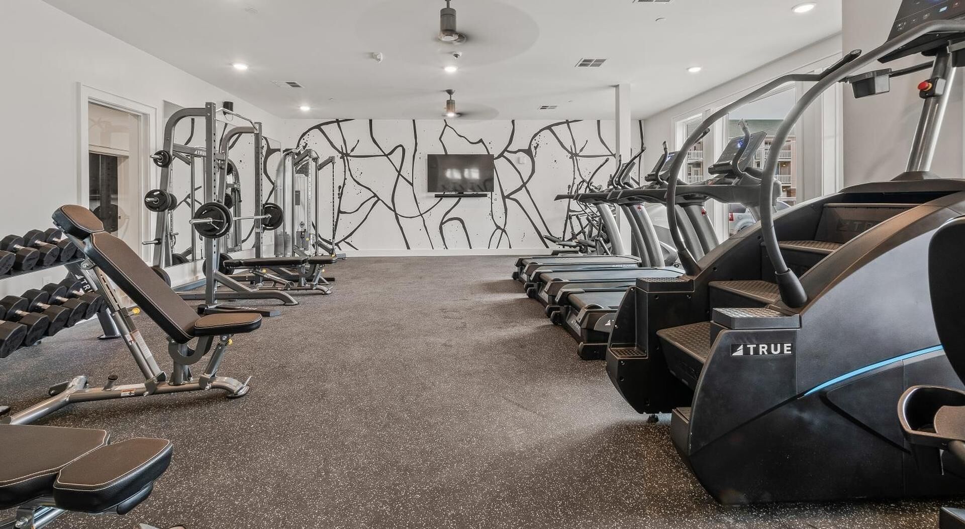 Ein Fitnessstudio mit Laufbändern, Kraftgeräten und Kurzhanteln.