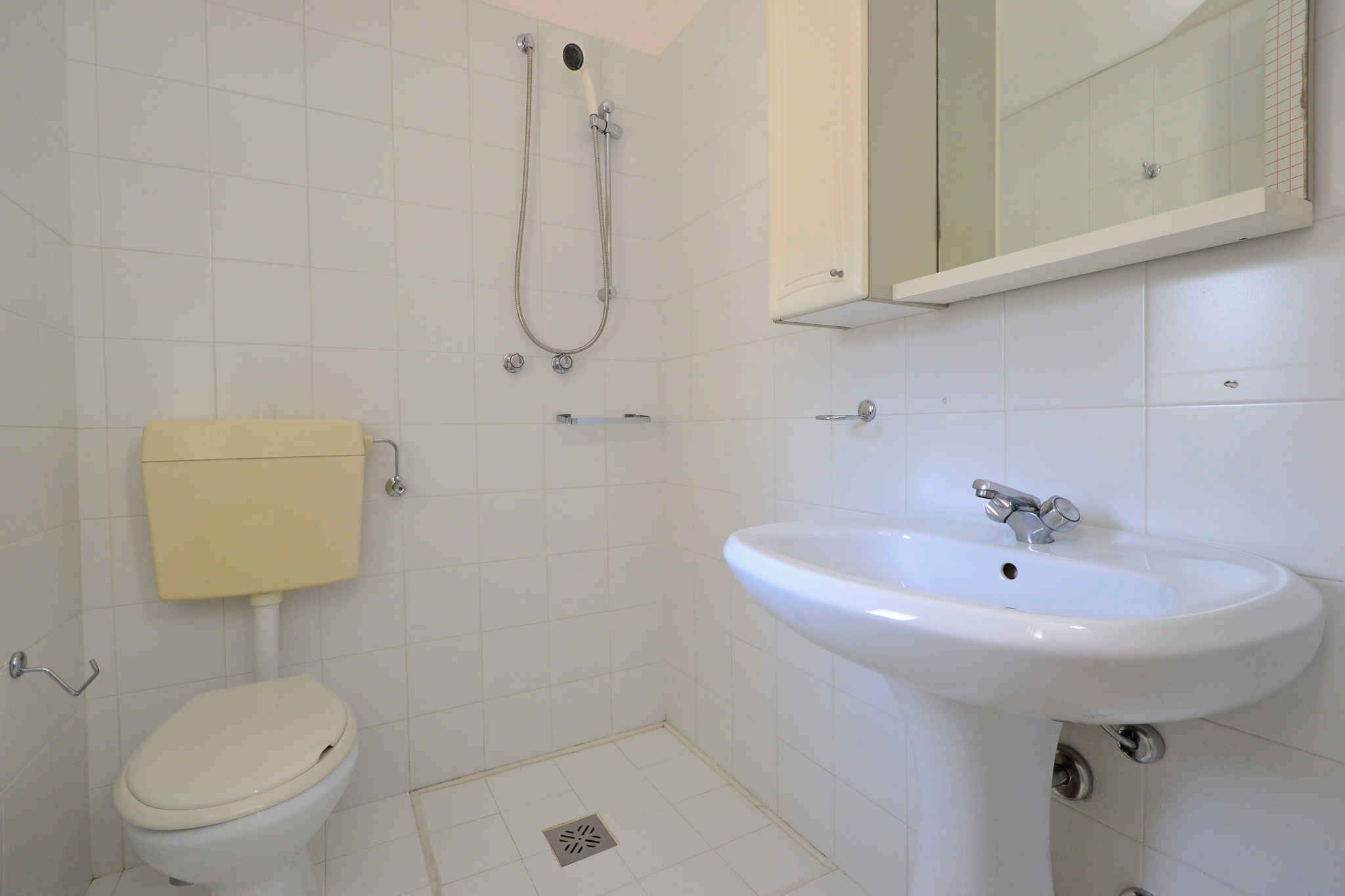 Une salle de bain avec des toilettes, un lavabo et une douche.
