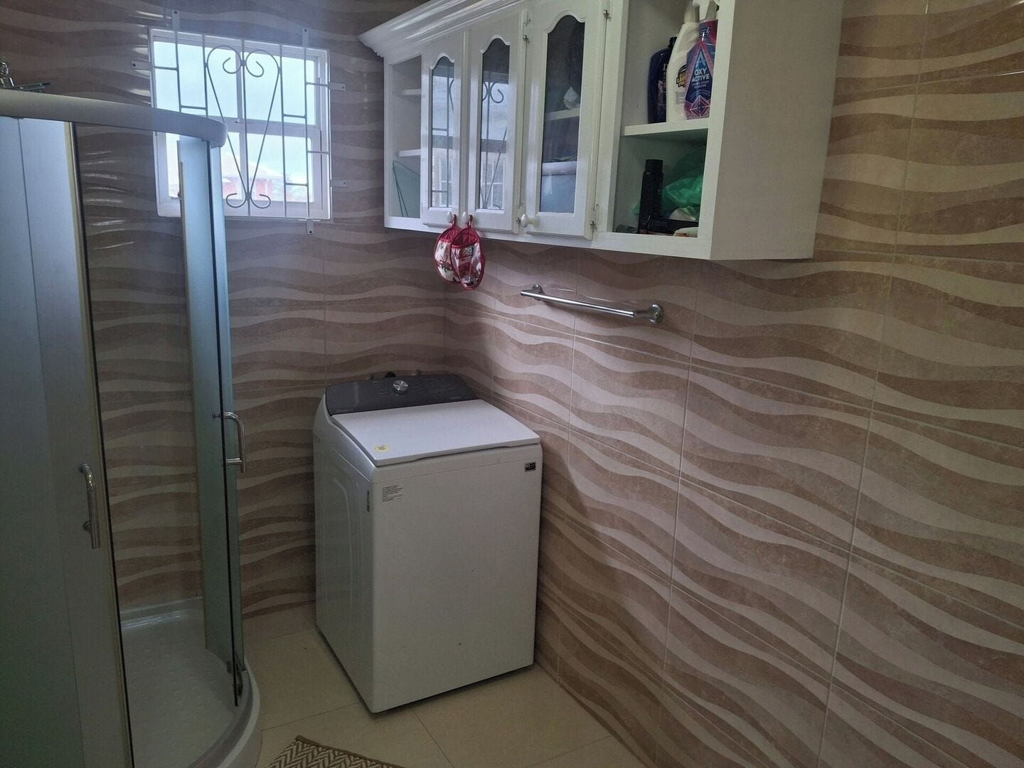 Ein kleines Badezimmer mit Dusche, einer kleinen weißen Waschmaschine und einem Schrank mit Pflegeprodukten.