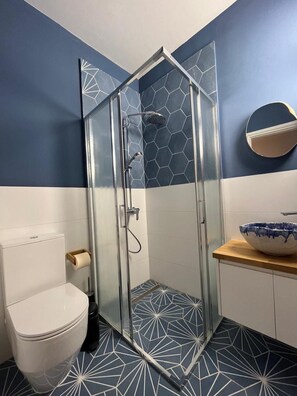 Shower, hair dryer, towels