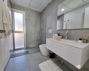 Shower, hair dryer, towels