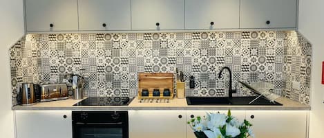 Fridge, microwave, oven, dishwasher