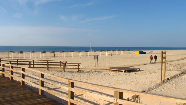 Une plage avec des passerelles en bois, des parasols et un ciel dégagé.