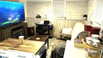 Smart TV, fireplace, books, offices