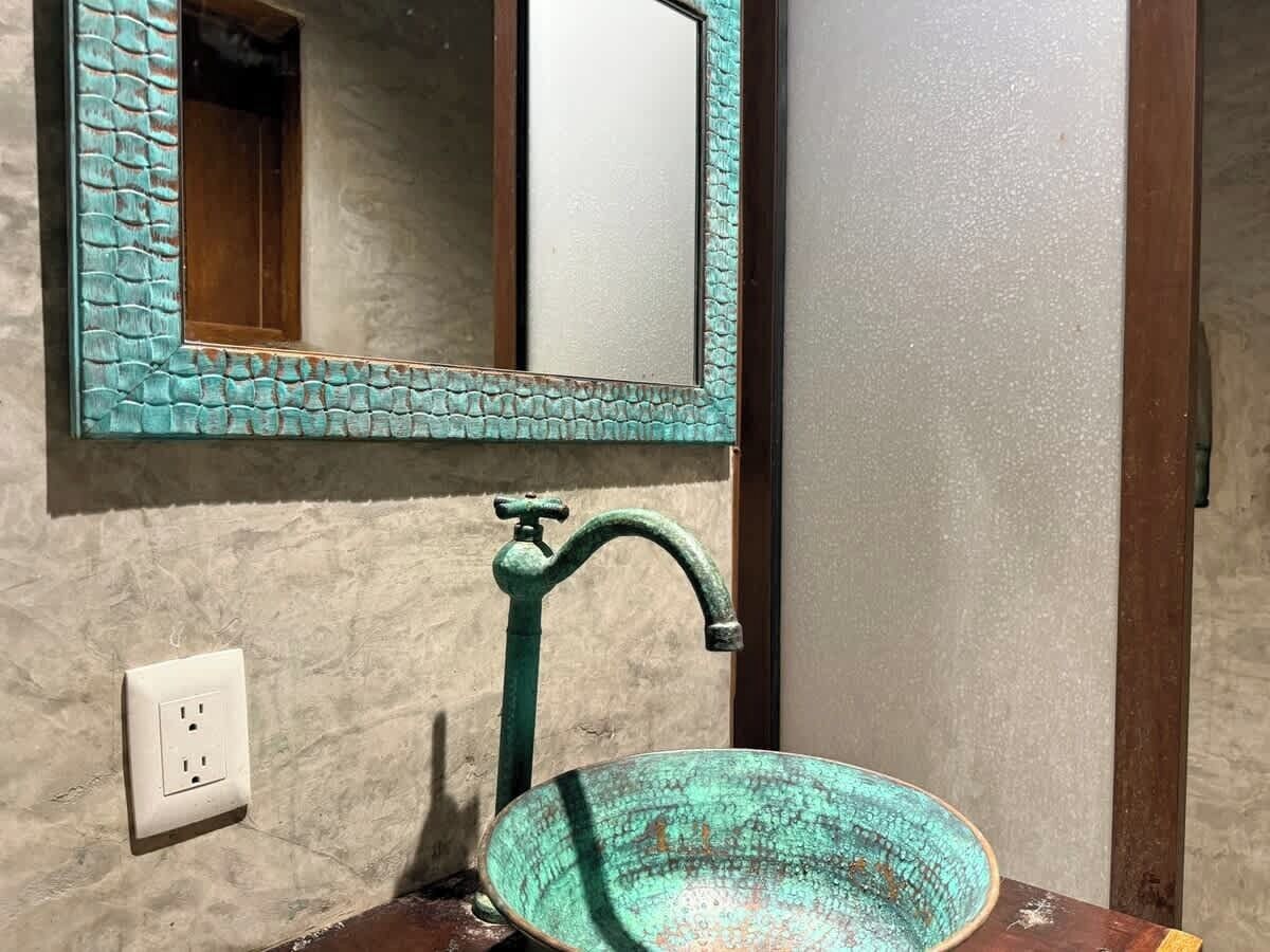 Shower, hair dryer, shampoo