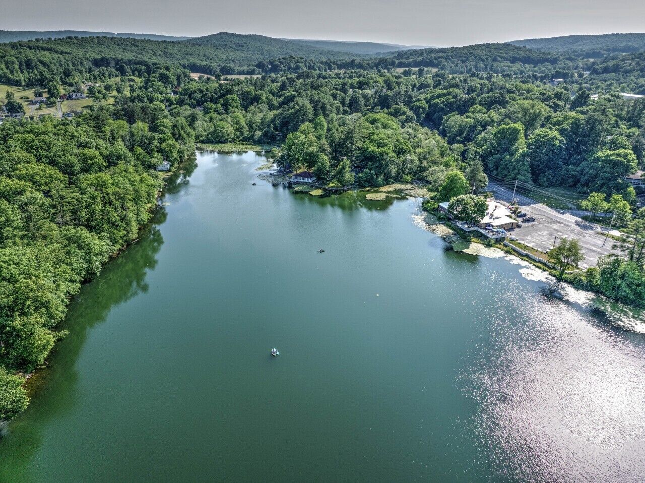 A river surrounded by dense forest, a small dock, and a parking area.