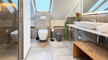 Dusche, Haartrockner, Handtücher, Toilettenpapier