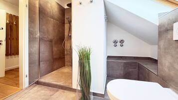 Dusche, Haartrockner, Handtücher, Toilettenpapier