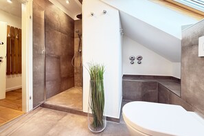 Dusche, Haartrockner, Handtücher, Toilettenpapier