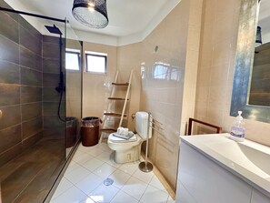 Shower, hair dryer, towels