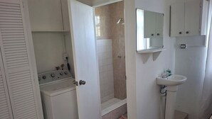 A compact bathroom with a washing machine, a shower area, and a sink. - Fair View Garden #2 (By-BLR) (Fair View)