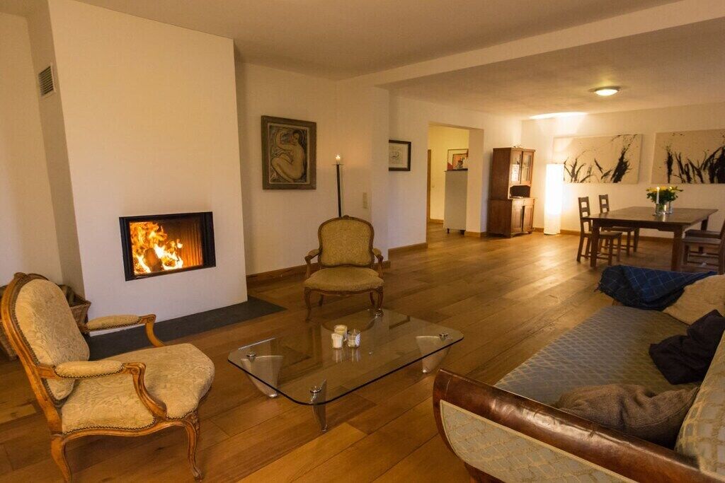 Smart TV, fireplace, books