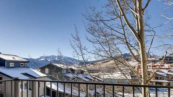 Una zona residencial cubierta de nieve, con casas y una montaña al fondo.