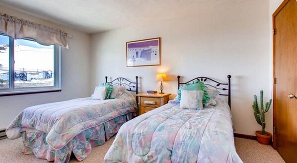 A bedroom with two single beds, a nightstand with a lamp, a window with a view, and a cactus plant. - Crested Butte Mountain Resort Properties by Vail (Crested Butte)