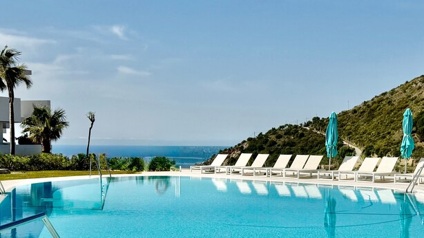 A clear blue pool with white lounge chairs and umbrellas, a palm tree, and a view of the sea.