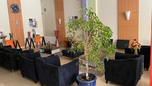 A reception area with a clock, seating, and a potted plant. - Alda Xinzo (Laza)