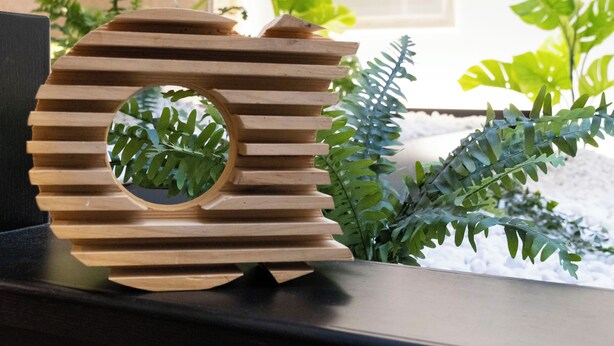 A wooden decorative piece with a circular cutout, placed on a dark surface with green foliage in the background. - Alda Xinzo (Laza)