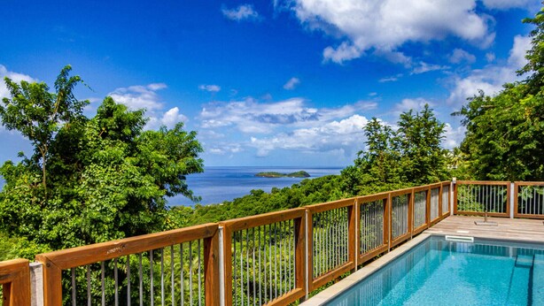 Une piscine dotée d’une terrasse en bois et d’une rambarde en métal, entourée d’une végétation luxuriante et offrant une vue panoramique sur l’océan.
