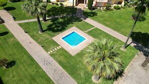A square swimming pool surrounded by a paved walkway, palm trees, and a well-maintained lawn.