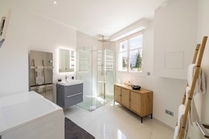 Shower, hair dryer, towels