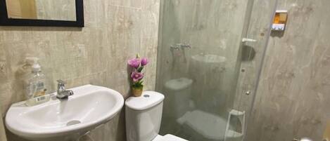 Dusche, Haartrockner, Handtücher, Seife