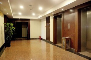 En hotellobby med ett polerat golv, en krukväxt och två hissar.
