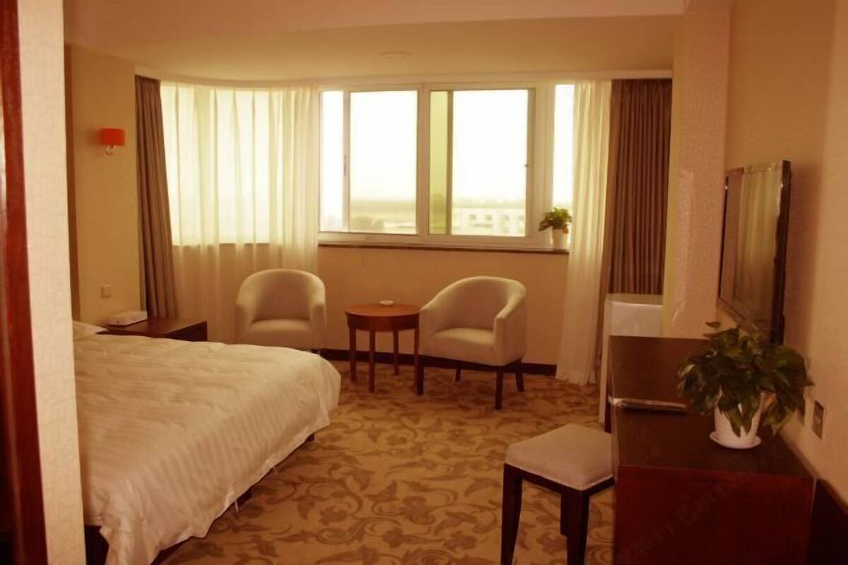 Une chambre d’hôtel comprenant un lit, deux fauteuils, une petite table, un bureau avec un miroir, une plante en pot et une fenêtre avec des rideaux.