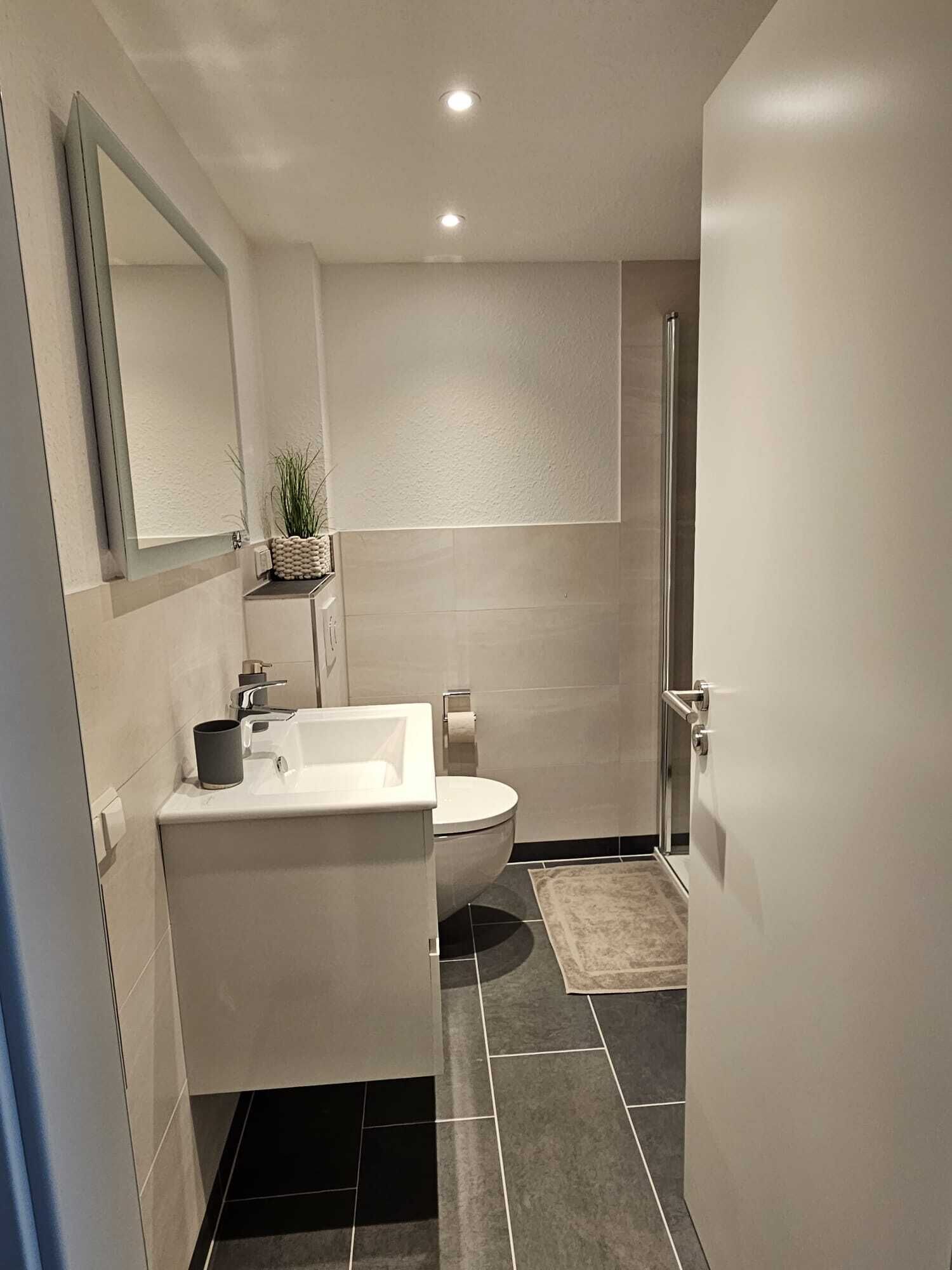 Une salle de bain moderne avec un lavabo, des toilettes et une douche, le tout de couleur blanche. Un miroir est placé au-dessus du lavabo et une plante décore le mur.