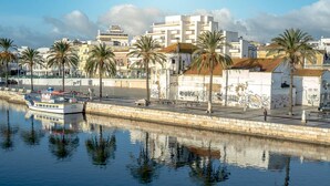 A waterfront hotel with a view of the sea, palm trees, and a boat docked nearby. - Apartament Sea View 8E (Portimão)