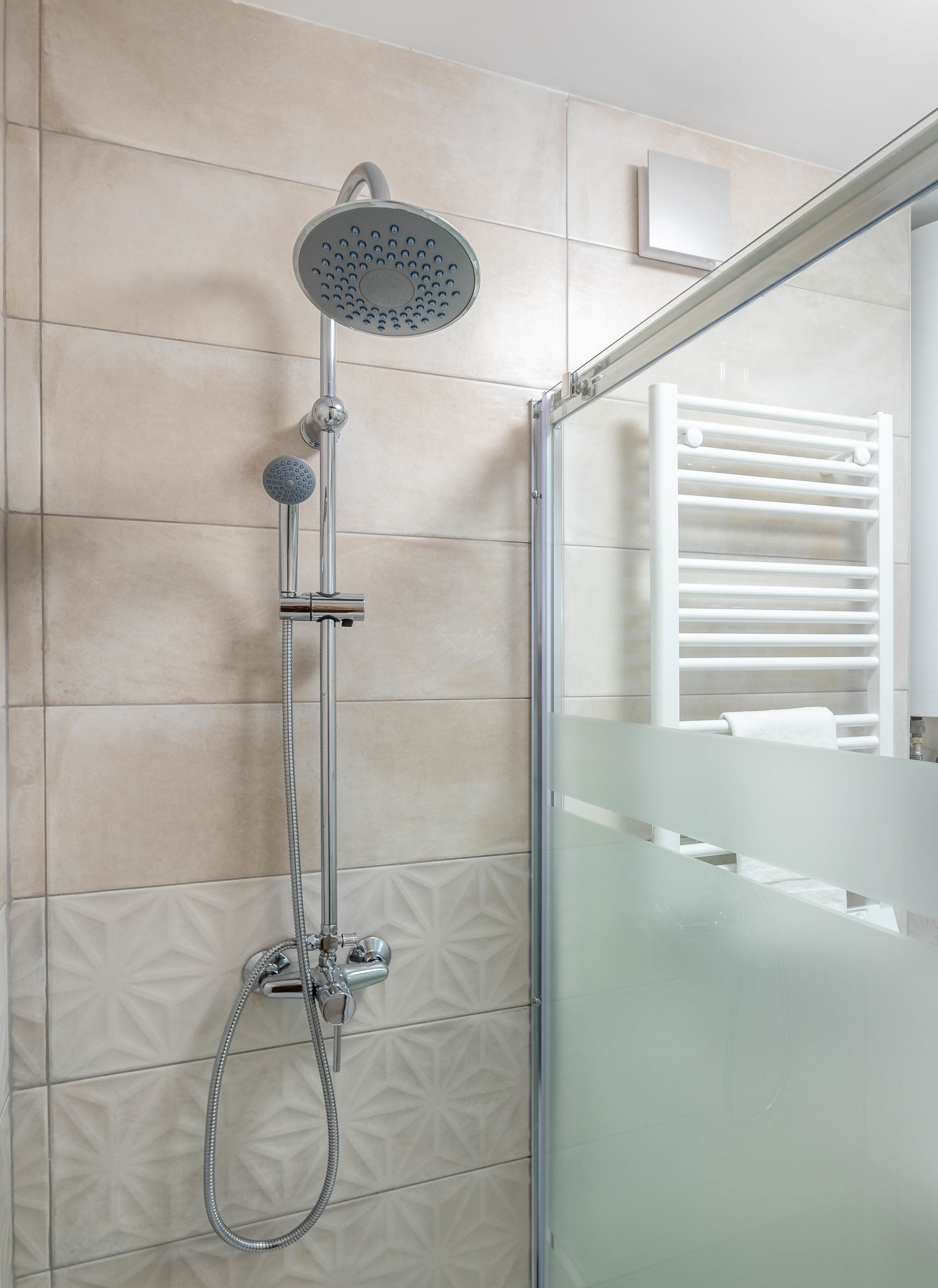 Une douche moderne dotée d’un pommeau de douche à main et d’un flexible également à main.