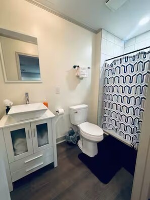 Chuveiro, secador de cabelo, toalhas de banho, sabonete