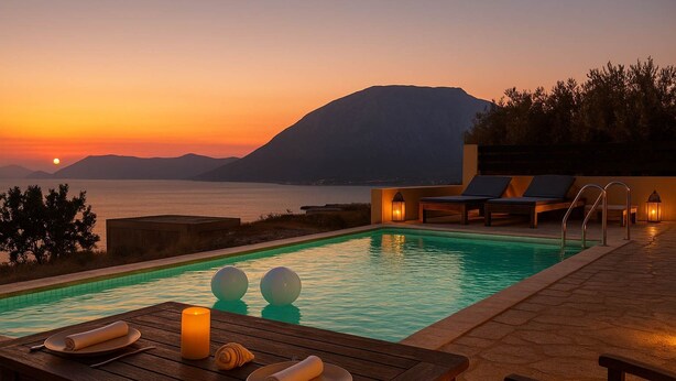 A poolside setting with a sunset view, lounge chairs, and a table with a candle. - Samos Gem With Private Pool - Mantilada Village (Samos)