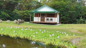 A small, single-story building with a green roof and white walls, situated by a pond with lily pads and water lilies. - Camping and RV parking area 7 (Guadalajara)