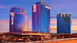 Three high-rise buildings with the 'PALMS' sign, featuring modern architecture and a clear sky. - StripSuite Palms Place Hotel/Resort & Casino- NO RESORT FEE (Las Vegas)