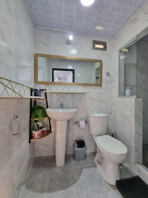 Douche, serviettes fournies, savon, papier toilette