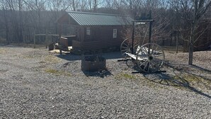 A rustic cabin with a metal roof, surrounded by a gravel area and leafless trees.