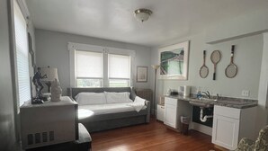 Una camera compatta con un letto singolo, un angolo cottura e una zona relax con una poltrona fantasia.