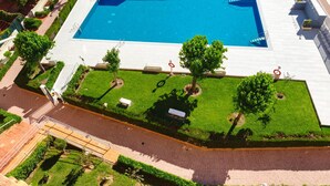 Vista aérea de una piscina rodeada de vegetación y un camino pavimentado.
