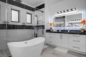 Shower, jetted tub, eco-friendly toiletries, hair dryer