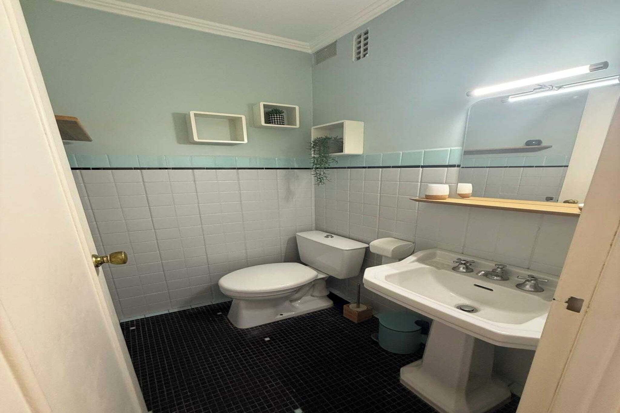 A compact bathroom with a toilet, sink, and mirror. There are small shelves above the sink and a potted plant on the wall.
