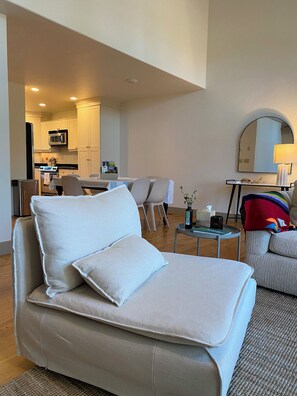 Smart TV, fireplace, books, computer monitors