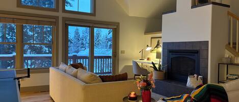 TV connectée, cheminée, livres, écrans d'ordinateur